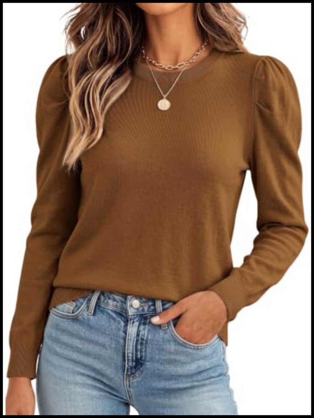 Wool Blend Puff Sleeve Crewneck Sweater Lightweight Knit Pullover Top
